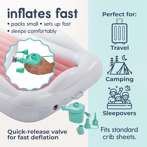 Hiccapop Inflatable Toddler Travel Bed with Safety Bumpers [4-Sided], Portable Toddler Bed for Kids, Toddler Air Mattress, Kids Air Mattress - Pink - color: Pink