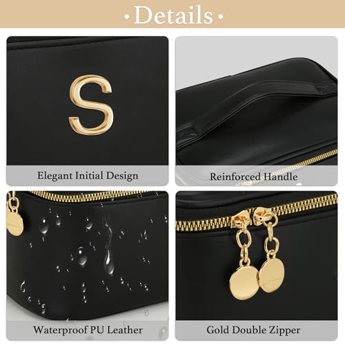 Personalized Initial Makeup Bag Gifts for Women, Large Travel Cosmetic Organizer with Handle & Divider, PU Leather Toiletry Bag for Girls, Birthday Bridesmaid Gift Set - Black - S - color: Black, style: S