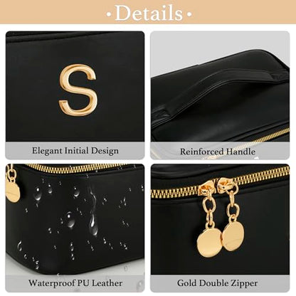 Personalized Initial Makeup Bag Gifts for Women, Large Travel Cosmetic Organizer with Handle & Divider, PU Leather Toiletry Bag for Girls, Birthday Bridesmaid Gift Set - Black - S - color: Black, style: S