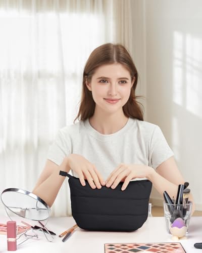 Narwey Black Travel Makeup Bag Women Girl, Cute Makeup Cosmetic Pouch, Puffer Makeup up Organizer Bag, Travel Toiletry Bag (Black) - color: Black