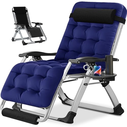 NAIZEA Padded Zero Gravity Chair, Folding Outdoor Lounge Chairs, Adjustable Reclining Camping Chairs with Cup Holder, Ergonomic Patio Lawn Chair for Balcony Beach Deck Yard - color: Royal Blue, style: Zero Gravity Chair