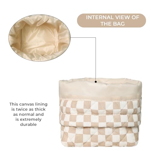 Gosect Makeup Bag, Quilted Cosmetic Bag Set, Drawstring Makeup Bag with Canvas Lining, Large Floral Toiletry Bag for Women Girls, Cute Cotton Flower Travel Organizer Bag (Brown Flower - color: Brown Flower