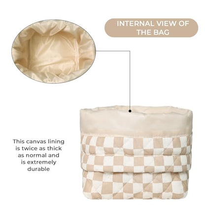 Gosect Makeup Bag, Quilted Cosmetic Bag Set, Drawstring Makeup Bag with Canvas Lining, Large Floral Toiletry Bag for Women Girls, Cute Cotton Flower Travel Organizer Bag (Brown Flower - color: Brown Flower