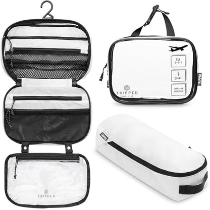 Toiletry Bag Kit 3 Piece Set: Hanging Travel Toiletry Bag + 311 TSA Cosmetic Liquid Bag + Accessory Organizer Pouch - color: White Ripstop