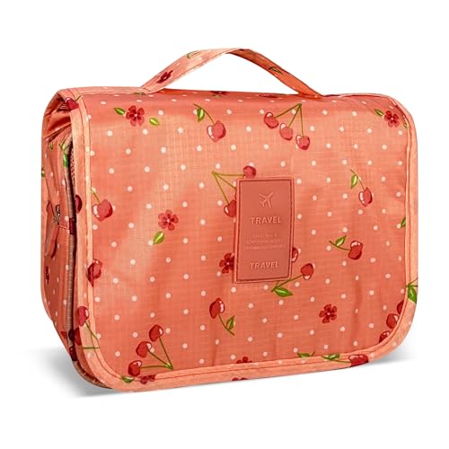 Portable Hanging Toiletry Bag for Travel,Small Multifunctional Makeup Cosmetic Bag for Women,Waterproof Travel Toiletries Organizer,Shower Bathroom Pouch with Hook for Gym,Camping - Pink Cherry - color: Pink Cherry