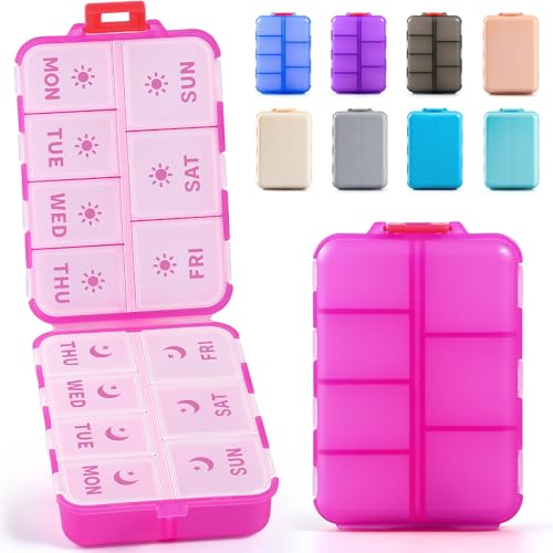 NEW Foldable & Double Protection Portable Weekly Pill Organizer 2 Times A Day with Etched Labels, AM PM 7 Day Week Medicine Box, Daily Travel Pill Case Dispenser for Vitamin, Supplement - Clear Pink - color: Clear Pink, size: AM & PM