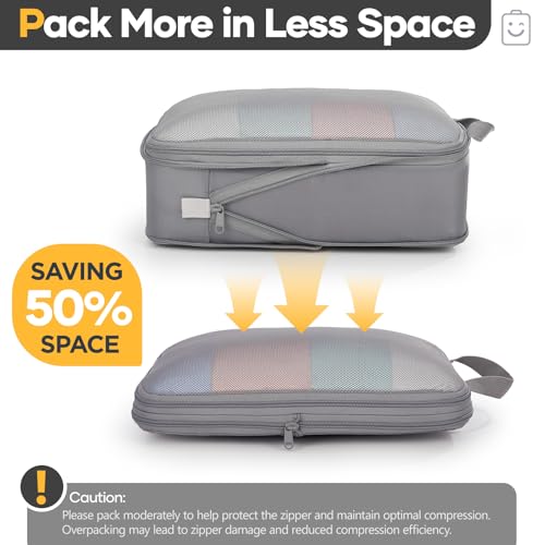 Veken 6/9/11 Set Compression Packing Cubes for Travel Essentials,Compressible Expandable Large Luggage Suitcase Organizer Bags for Clothing,Durable Space Saver Storage Bags(Gray) - color: Gray, size: 6 set