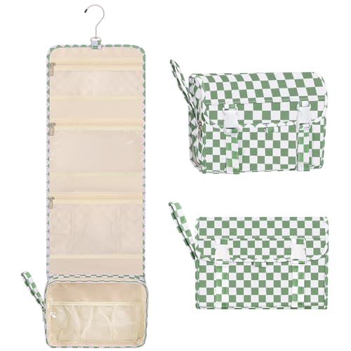 Relavel Travel Hanging Toiletry Bag for Women, Large Capacity Wash Bag with 360 degree Rotation Hanging Hook, Portable Toiletries Makeup Organizer Storage for Daily Use, Trip, Camping - Green Plaid - color: 03 Checkboard Green, size: Large