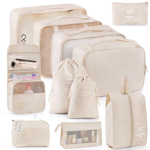 Packing Cubes for Suitcase 11PCS Luggage Packing Organizers Travel Essentials Luggage Organizer Hooked Toiletry Bag Cosmetic Bag and Shoes Bag, Beige - color: Beige-11pcs