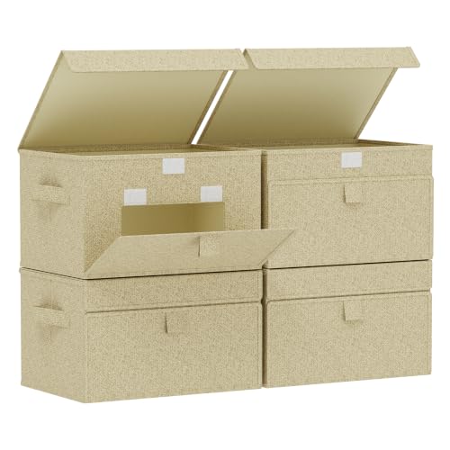 Fabric Storage Boxes, Closet Organizer with Handles, Basket Bins with Flip Cover, Cube Organization for Clothes, Shoes, Blankets, 13x9.1x7.9in, Grey and Beige, 4 Pack - color: Beige/Gray, size: 13x9.1x7.9 in(4 Pack)