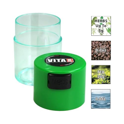 Vitavac - 5g to 20 grams Airtight Multi-Use Vacuum Seal Portable Storage Container for Dry Goods, Food, and Herbs - Green Clear - color: Green Clear