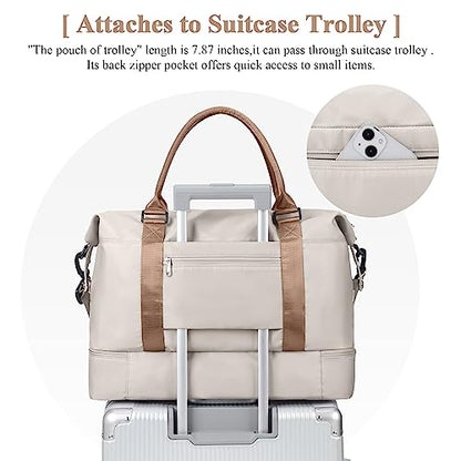 Travel Duffel Bag with Shoes Compartment, Overnight Weekender Bags for Women,Carry on Personal Item Bag，Extra Large - color: A-Beige & Brown, size: Extra Large