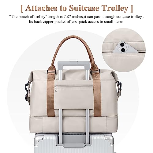 Travel Duffel Bag with Shoes Compartment, Overnight Weekender Bags for Women,Carry on Personal Item Bag - color: A-Beige & Brown, size: Large