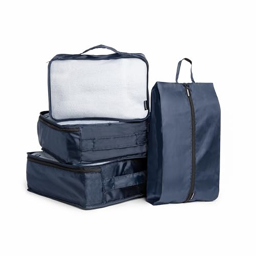 Brookstone 4-Piece Packing Cube Set Apparel Luggage Organizer and Shoe Bag, Travel Essentials, Navy
