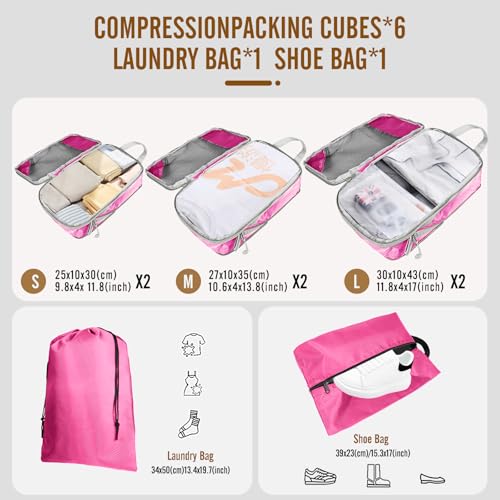 8 Set Compression Packing Cubes for Travel, Expandable Luggage Organizer with Shoe Bag & Laundry Bag - Lightweight Suitcase & Backpack Travel Essentials (Pink) - color: Pink