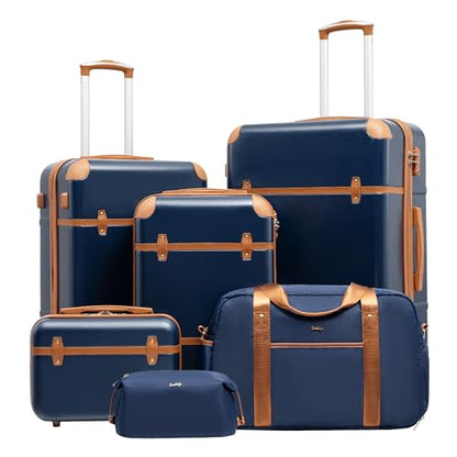 Coolife Luggage Set 6-Piece Suitcase Set Carry On Luggage PC Hardside Luggage TSA Lock Spinner Wheels Telescopic Handle - color: Navy, size: 6 piece set