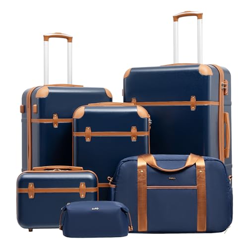 Coolife Luggage Set 6-Piece Suitcase Set Carry On Luggage PC Hardside Luggage TSA Lock Spinner Wheels Telescopic Handle - color: Navy, size: 6 piece set