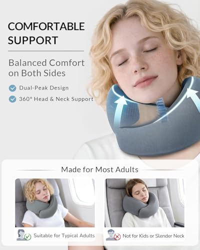 Travel Pillow for Airplane - Memory Foam Neck Travel Pillow with 360° Chin & Neck Support, Dual Raised Sides, Washable Breathable Cover, Compact Travel Bag for Long Flights, Car, Train, Sleeping