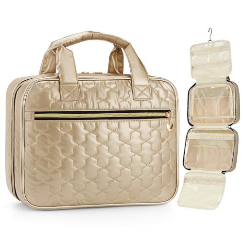 Travel Toiletry Bag, Hanging Makeup Organizer with Hook, Water-Resistant Cosmetic Bag, Fits Full-Size Shampoo & Conditioner Bottles, for Women & Men, Makeup Accessories & Brushes(Champagne, Medium) - color: Champagne, size: Medium
