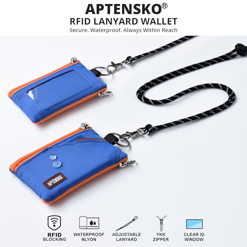 RFID Blocking Travel Wallet with Adjustable Lanyard, Small Nylon Zipper Pouch and Badge Holder for ID, Credit Cards, Cash, Keys, Commuters (Blue) - color: Blue
