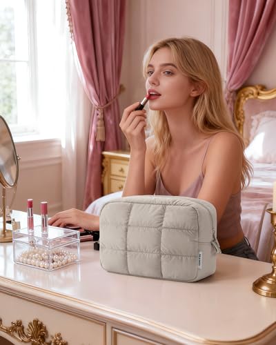 Narwey Quilted Makeup Bag for Women Girl, Puffer Travel Cosmetic Bag Puffy Make Up Bag Organizer, Cute Travel Toiletry Bag for Toiletries (Khaki) - color: Khaki