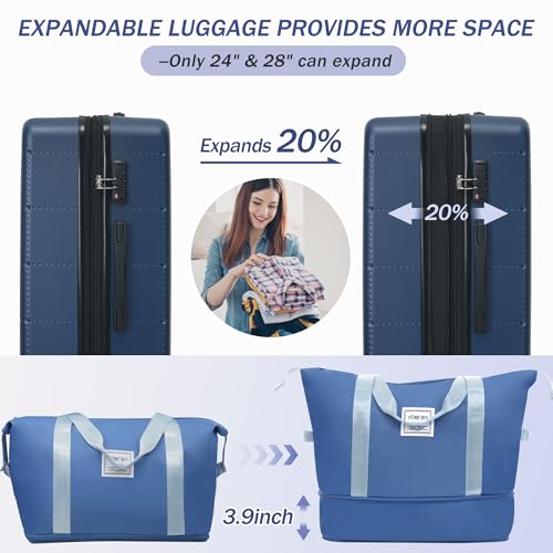Merax Luggage Sets 5 Piece, Hardside 20" Half-opening Carry On Suitcase Set with USB Port,Lightweight Travel 24" 28" Luggage with Bags TSA Locks Double Spinner Wheels,Blue - color: Blue, size: 3 piece(20front open+24+28+bags)