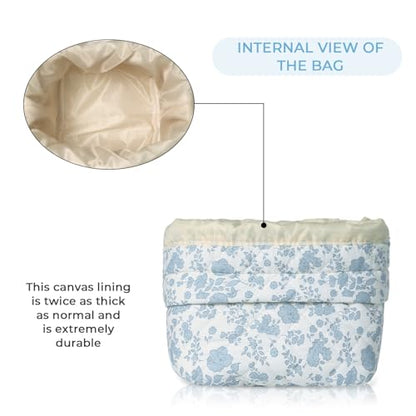 Gosect Makeup Bag, 2pc Quilted Cosmetic Bag Set, Drawstring Makeup Bag with Canvas Lining + Large Floral Toiletry Bag for Women Girls, Cute Cotton Flower Travel Organizer Bag (Blue Flowers - color: Blue Pattern