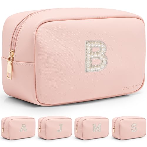 VLANDO Personalized Makeup Organzier Bag,Gift for Women Cute Makeup Pouch, PU Leather Make up Travel Bag Cosmetic Bag Birthday Gifts for Couple Mom Wife Letter B - color: 03-Pink-B