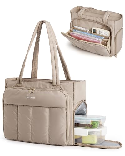 BAGSMART Laptop Tote Bag, Lunch Tote Work Bag with Lunchbox Compartment, Large Puffer Teacher Nurse Tote Large Shoulder - color: Brown