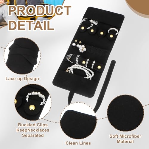 uxcell Travel Jewelry Bag Roll, Foldable Travel Organizer with Tie Close Microfiber Storage Roll for Earrings, Necklaces, Rings, Bracelets, Brooches, Valentine's Day Gifts, Black - color: Black