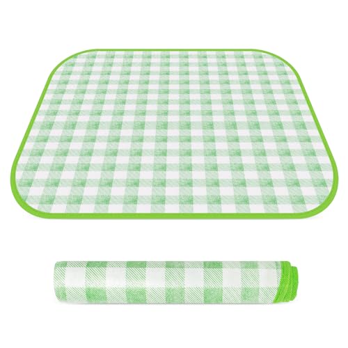 TENOC Small Picnic Blanket 1 Pack for Hiking & Camping, Ultra-Light Foldable Sit Pad for One Person, Waterproof Portable Single Seat Mat for Park, Backpacking & Stadium, Green Grid, 19"x19"