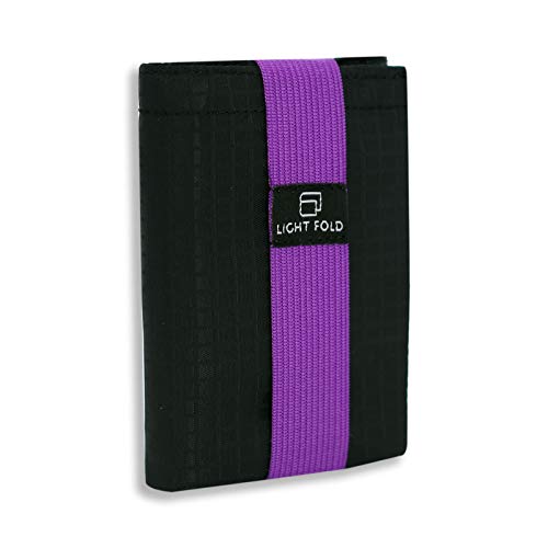 LIGHT FOLD Ultra Slim Tri-Fold Wallet with RFID Blocking, Lightweight Minimalist Men’s Wallet with Elastic Band, Waterproof Durable Nylon Fabric, Slim Front Pocket Card Holder Fits 12 Cards & Cash - color: Purple
