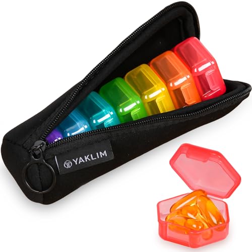 Small Pill Box, 7 Packs Travel Pill Case with Bag, Mini Pill Organizer for Pocket Purse, Daily Portable Medicine Vitamin Box, Fish Oil, Portable Medicine Pill Organizer for Supplements - color: Rainbow-black Bag