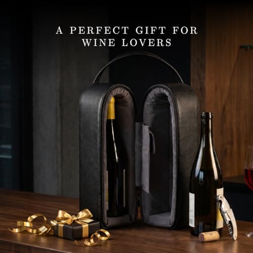 Bey-Berk Genuine Leather Two-Bottle Wine Caddy with Bar Tool (Black), Zippered Travel Case with Strap Handle for Wine Transport and Gifting - color: Black