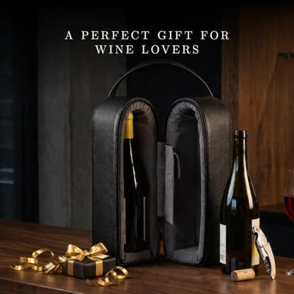Bey-Berk Genuine Leather Two-Bottle Wine Caddy with Bar Tool (Black), Zippered Travel Case with Strap Handle for Wine Transport and Gifting - color: Black