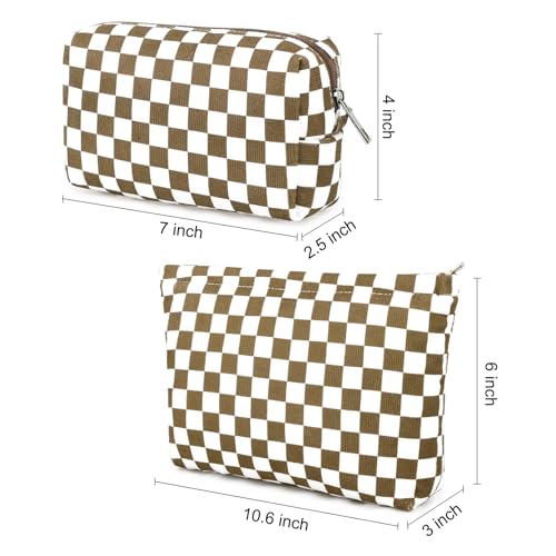 SOIDRAM 2 Pcs Checkered Makeup Bag Large Cosmetic Bag Toiletry Bag Makeup Pouch Travel Bag Organizer Cute Makeup Brushes Aesthetic Accessories Storage Bag for Women Coffee Brown - color: Coffee Brown