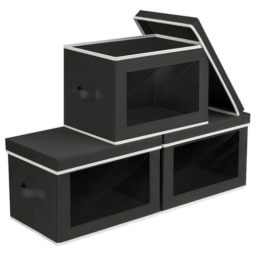 Homsorout Storage Boxes with Lids - 3 Pack Fabric Clear Window Storage Bins, Collapsible Storage Bins with Lids, Linen Closet Organizer for Clothes, Towel, Blanket, Black - color: Black, size: L(3-Pack)
