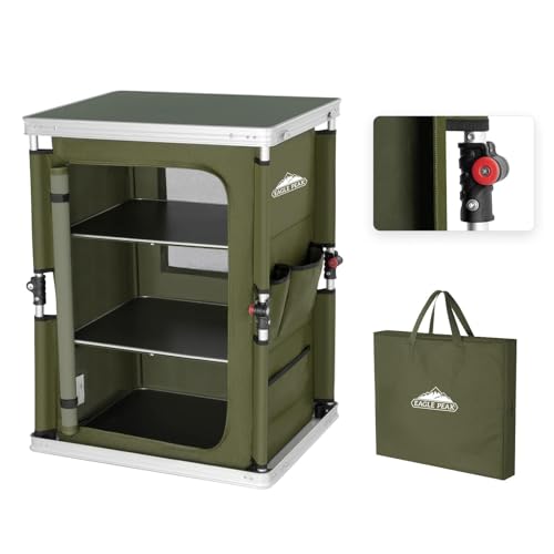 EAGLE PEAK Outdoor Folding Camping Table with Large 3-Tier Storage Organizer and Side Pockets, Easy Set Up Portable Aluminum Camping Kitchen, Green - color: Green, size: 18.9 x 23.6 x 31.5 IN