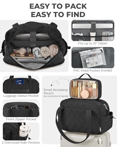 Percover Weekender Bag for Women, Ultra Lightweight Travel Duffle, Carry On Personal Item Overnight Bag with Toiletry Pouch & Compartments, Quilted Gym & Travel Bag, Midnight Black - color: Midnight Black