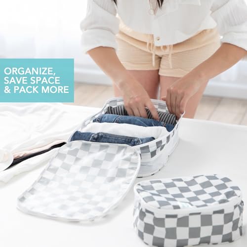 Bumkins Packing Cubes and TSA Approved Pouches for Travel Bag, Organize Luggage with Compression Bag, Essential Traveling Accessories to Pack Clothes, Toiletries Carry On Suitcase, 5-pc Gray Check - color: A2 Charcoal Check-set