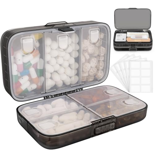 FYY Weekly Pill Organizer with Labels,8 Compartments Travel Daily Pill Case Airtight Moistureproof Large Pill Box to Hold Vitamins, Fish Oil, Supplements,Cotton Swab and Bandages-Black - color: Black