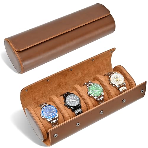 ROSELLE Watch Roll Travel Case for Men and Women - 4 Watch Storage and Organizer - Secure Storage with Innovative Removable Pillows & Solid Dividers for Home, Travel and Display(Brown-4 Slot) - color: Brown-4