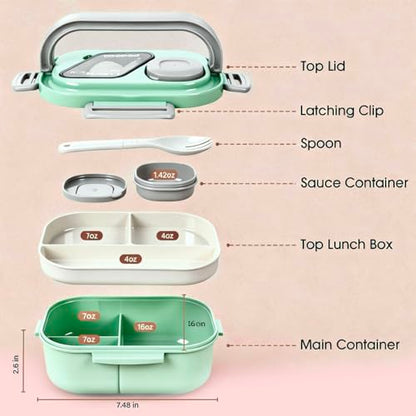 PEDECO Green Lunch Box Set with Bag & Utensil, Leak Proof for Women Men Kid | 2-tier stackable container with sauce pod,Insulated bag keeps food hot or cold,Microwave & dishwasher safe,for women men - color: Green