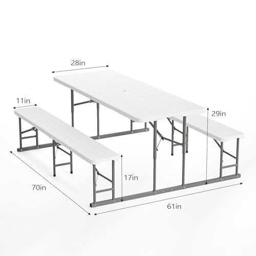 VINGLI Folding Picnic Table and Bench Set, Portable Outdoor Dining Furniture for Camping, Patio, Backyard, Wood Grain Plastic Top with Metal Frame (White) - color: White, style: Standard