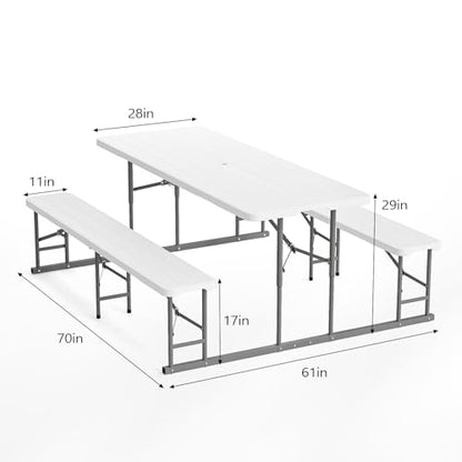 VINGLI Folding Picnic Table and Bench Set, Portable Outdoor Dining Furniture for Camping, Patio, Backyard, Wood Grain Plastic Top with Metal Frame (White) - color: White, style: Standard