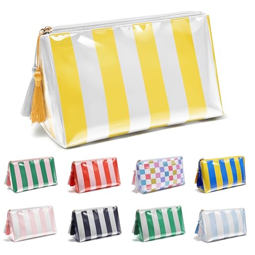 PVC Waterproof Makeup Bag, Large Clear Coated Cosmetic Bags for Women Girls, Travel Makeup Bag for Purse Organizer Zipper Pouch Beach Summer Vacation Essentials Gifts for Women - color: Yellow+White Striped, size: Small(9.84in*4.33in*5.91in)