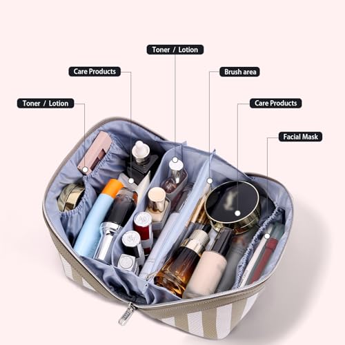 BOYATU Travel Makeup Bag Cosmetic Bag for Women: 3 Pcs Set Striped Make up Bag with Compartment - Waterproof Vegan Leather Toiletry Bag with Handle - Makeup Organizer for Travel Essential(A-6-Apricot) - color: A-6-Apricot