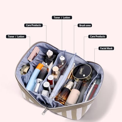 BOYATU Travel Makeup Bag Cosmetic Bag for Women: 3 Pcs Set Striped Make up Bag with Compartment - Waterproof Vegan Leather Toiletry Bag with Handle - Makeup Organizer for Travel Essential(A-6-Apricot) - color: A-6-Apricot
