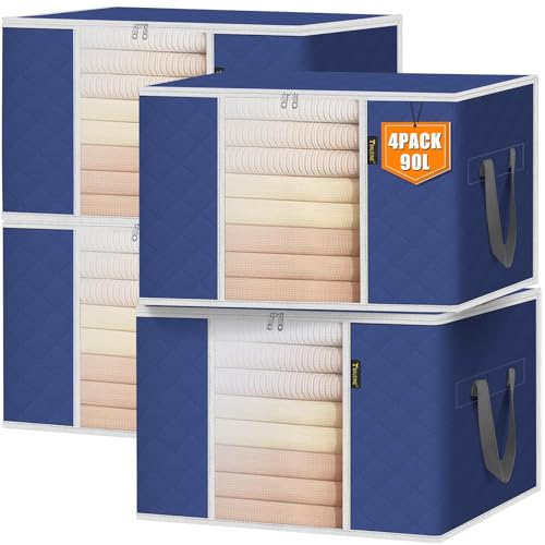 BALEINE 4 Pack Clothes Storage Bags, 24 Gallon Storage Containers with Reinforced Handle, Sturdy Zipper, Closet Organizer for Blanket, Comforter, Pillow, Bedding (Blue, 4 Pack) - color: Blue, size: 4 Pack-24 Gallon