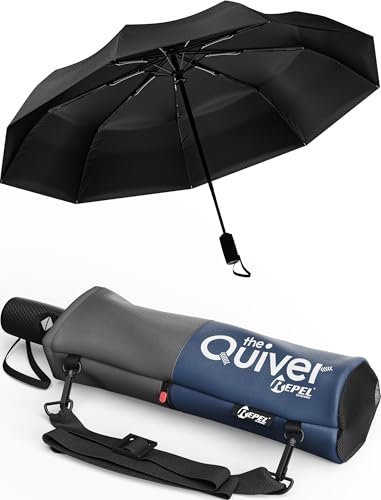 Repel Windproof Travel Umbrella - Compact & Withstands Winds up to 100MPH , Strongest Premium Auto Folding Umbrella for Rain and Sun - Durable, Light & Portable for Women & Men , Fits Backpack & Cars - color: Black Umbrella + Black & Navy Carrying Sling